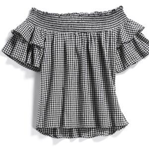 LAJU Off Shoulder Gingham Top Smocked Neck Ruffle Sleeve Black White Stitch Fix